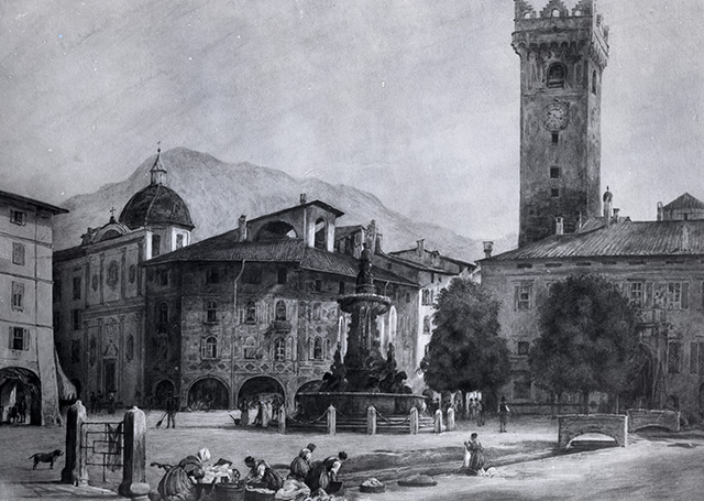 Piazza del Domo di Trento con le lavandaie